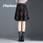 Markos印花媽媽半身裙春秋冬2025新款a字碎花短裙女百搭傘裙小個子冬裙 紅花(冬款) M 腰圍2尺