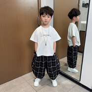 男童夏季休閑褲2025新款小男孩薄款九分褲兒童夏裝寬松哈倫長(cháng)褲子 黑色 90 cm 身高80-cm