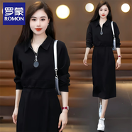 羅蒙（ROMON）連衣裙女2025秋季新款氣質(zhì)百搭收腰衛衣顯瘦背心裙兩件套套裝女 黑色 2XL