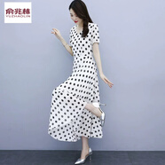 俞兆林2025法式黑白波點(diǎn)連衣裙女夏雪紡感氣質(zhì)大碼胖MM大擺圓點(diǎn)長(cháng)裙 白色 2XL 【建議125-135斤】