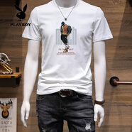花花公子（PLAYBOY）夏季短袖t恤男士2025新款韓版印花上衣服時尚休閑純棉半袖體恤衫 TB075白-潮流人像 M 90斤-115斤