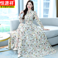 恒源祥碎花連衣裙2025年春秋新款女裝氣質(zhì)仙女春季長袖雪紡超仙長款裙子 乳白色 M