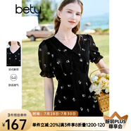 百圖betu女裝夏新款連衣裙短袖雪紡萌兔繡花減齡連衣裙女2303T90 黑色 L