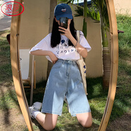 浪莎五分短褲女夏季牛仔褲2025新款直筒港味高腰寬松顯瘦a字闊腿中褲