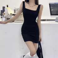 綾庭鷹甜辣妹方領黑色吊帶連衣裙女夏季緊身無袖背心包臀短裙子 【Black黑色】高品質/辣妹搭配 L (建議100-115斤)