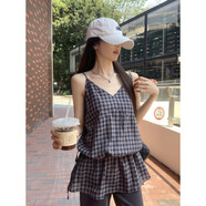 夏季韓版領(lǐng)復(fù)古格子調(diào)節(jié)肩帶抽繩減齡中長雙層吊帶女上衣 藏藍格 S