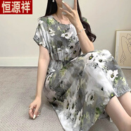 恒源祥短袖棉綢中長(zhǎng)款連衣裙夏季顯瘦新款寬松印花遮肚子小個(gè)子連衣裙 蝙蝠袖清雅白花-旗艦款 M 【建議95-105斤左右】