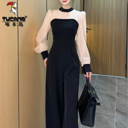 啄木鳥(niǎo)連衣闊腿褲套裝氣質(zhì)名媛收腰顯瘦2025年早春新款時(shí)尚長(cháng)袖連體褲女 修身黑色修/身 XL 【建議120-130斤】