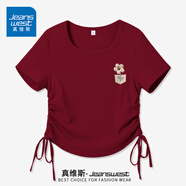 真維斯（JEANSWEST）正肩女t恤2025夏季新款美式抽繩短款修身顯瘦短袖夏日多巴胺上衣 酒紅 毛絨花口袋_K L