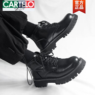 卡帝樂鱷魚（CARTELO）馬丁靴男士高幫春秋英倫風(fēng)黑色厚底增高潮流真皮工裝機車透氣靴子 主款8801黑色六孔 39