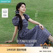 茵曼章若楠同款|法式格紋連衣裙夏季女裝百搭泡泡袖a字裙子 藏青藍(lán)  L