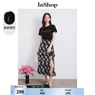 InShop【商場同款】新款鏤空開叉氣質(zhì)連衣裙女浪漫蝴蝶印花t恤裙 黑花 S