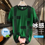 儷韻小屋（LiYunHouSe）高端新款冰絲短袖T恤男圓領(lǐng)薄款冰絲速干薄款體恤衫半袖上衣鏤空 冰氧5.0升級(jí)款-2款綠色 5XL 建議180-200 斤穿