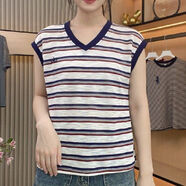 如續夏季新款時(shí)尚氣質(zhì)百搭顯瘦條紋上衣女士休閑減齡無(wú)袖V領(lǐng)T恤衫 紅色 L 建議80-90斤