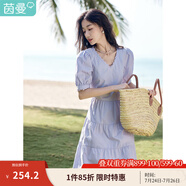 茵曼（INMAN）純棉法式氣質(zhì)連衣裙女裝2025夏季新品顯瘦V領(lǐng)泡泡袖A字長(zhǎng)裙子 紫荊粉 -18525989 XL