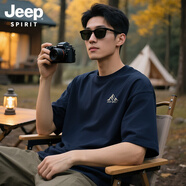 JEEP SPIRIT吉普t恤男士夏季重磅220G純棉休閑寬松透氣圓領(lǐng)短袖男裝 藏青 XL