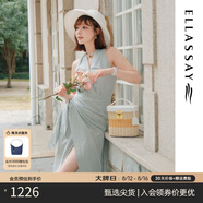 歌力思（ELLASSAY）【博主同款】25夏季新款棉抽褶不規(guī)則條紋修身顯瘦無袖連衣裙女 綠條紋 S