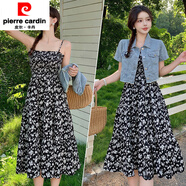 皮爾卡丹（pierre cardin）歐洲站小香風短袖牛仔外套+中長款雪紡碎花吊帶連衣裙套裝女夏潮 牛仔衣+黑碎花裙 L 【100-110斤】