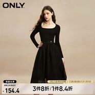 ONLY時尚復古U領(lǐng)高腰長袖中長款連衣裙女|123107041 E39 黑美人 XS (155) 76A