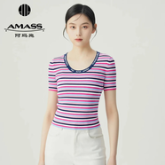 阿瑪施（AMASS）亮色條紋圓領(lǐng)修身針織衫短袖上衣女5399759 藍粉條紋 M （3碼）