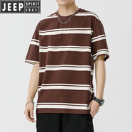吉普（JEEP）條紋t恤短袖男士2025夏季新款休閑上衣服男裝圓領(lǐng)寬松半袖體恤衫 81170棕色 M