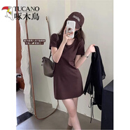 啄木鳥（TUCANO）純棉正肩圓領(lǐng)短袖T恤裙女夏韓版法式顯瘦小個子辣妹包臀連衣裙子 咖啡色 S 適合70-80斤