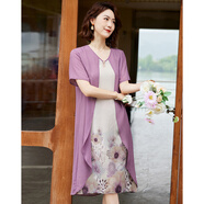 帕絲特時(shí)尚假兩件印花雪紡寬松大碼飄逸媽媽裝中老年連衣裙 粉紫 3XL