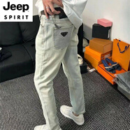 JEEP SPIRIT秋冬款做舊復古高端歐美潮牌牛仔褲男修身小直筒彈力休閑潮流長(cháng)褲 淺泥色(鑲鉆三角標) (高質(zhì)量) 28