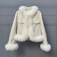 雅格羅伊狐貍毛麂皮絨羽絨服女2024冬季新款麂皮皮短夾克式摩托車(chē)白色鵝絨 米白色 S[建議80-110斤] 均碼