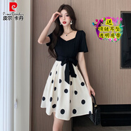 皮爾卡丹（pierre cardin）復古優(yōu)雅氣質(zhì)蝴蝶結波點(diǎn)方領(lǐng)短袖連衣裙輕熟風(fēng)減齡年輕黑色中長(cháng)裙 黑色短裙 S