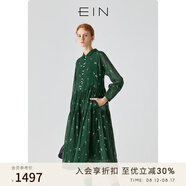 EIN【草木意趣】EIN言多彩金線繡花破縫設計長袖連衣裙春秋新款 墨綠 L