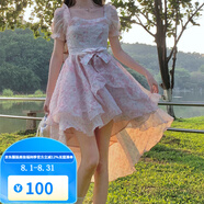 梵奧格（FANAOGE）生日穿在逃公主法式連衣裙公主風(fēng)燕尾方領(lǐng)蓬蓬裙前短后長拖尾可愛 圖片色4 粉色燕尾版 S