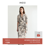 INSISFEMME新中式圍裹系帶夏新款手繪印花圖案真絲連衣裙長裙女 印花 S
