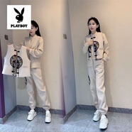 花花公子（PLAYBOY）歐洲站春季新款休閑運動(dòng)套裝女寬松中國風(fēng)馬甲衛衣襯衫三件套洋氣 乳白色 XL 建議115-125斤