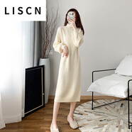 LISCN毛衣裙內(nèi)搭2023新款針織半高領(lǐng)連衣裙女秋冬加厚長款氣質(zhì)打底裙子 米白色 S