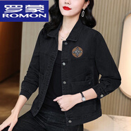 羅蒙（ROMON）23年新款牛仔外套女寬松老媽秋裝中年藍色牛仔衣韓版上衣春秋 黑色 M 【建議101-120斤】