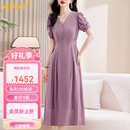 XAE輕奢品牌短袖連衣裙女2025夏季新款感法式V領(lǐng)修身顯瘦純色裙 香芋紫 XL 【適合115-125斤】