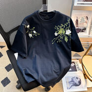 喜杰頓重工街頭新中式花卉刺繡廓形短袖T恤男女國潮百搭圓領夏裝上衣服 藏青色 M