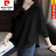 皮爾卡丹（pierre cardin）純棉V領(lǐng)長(cháng)袖T恤女25秋季新款韓版寬松弧形下擺遮肉顯瘦上衣 黑色【純棉】 3XL 【建議145-160斤】