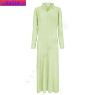 三宅一生（ISSEY MIYAKE）褶皺POLO領(lǐng)長(zhǎng)袖日韓休閑純色連衣裙子女七夕禮物 綠色 均碼 1