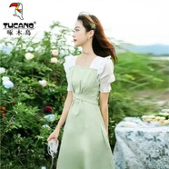 啄木鳥(niǎo)網(wǎng)紗雪紡方領(lǐng)連衣裙25夏裝新款法式交叉收腰系帶拼接飛飛袖女春夏 淺綠色 L 105-115斤