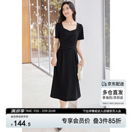 尚都比拉輕職場(chǎng)藍(lán)色連衣裙女夏季收腰中長(zhǎng)裙泡泡袖裙子 黑色152L80063  XL