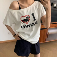 小野七天韓版趣味小狗字母印花一字肩T恤女 2025新款chic寬松休閑露肩上衣 露肩T恤【白色M】