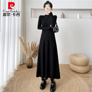 皮爾卡丹（pierre cardin）半高領(lǐng)打底內(nèi)搭針織連衣裙女秋冬裝新款氣質(zhì)顯瘦超長款毛衣裙長裙 黑色 S 建議80-95體重