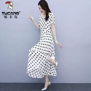 啄木鳥(niǎo)2025法式黑白波點(diǎn)連衣裙女雪紡高級感氣質(zhì)大碼胖M妹大擺圓點(diǎn)長(cháng)裙 白色 L 【建議105-115斤】