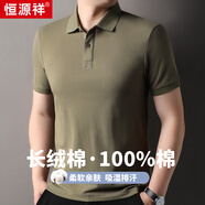 恒源祥t男恤夏季休閑polo領(lǐng)短袖純色棉中年寬松男裝翻領(lǐng)版T恤上衣 軍綠 L 170/88A(L)