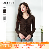 lagogo荷葉邊修身顯瘦長袖T恤女拉谷谷2025年秋季新款宮廷風(fēng)上衣 深咖啡 S