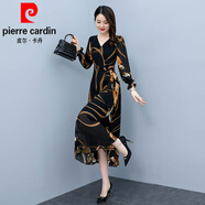 皮爾卡丹（pierre cardin）洋派質(zhì)雪紡洋裝秋季2025新款女中年媽l媽裝高貴裙子 黑色 XL