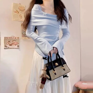 茯見女裝衣服針織上衣春秋2025百搭高顏值性感修身開叉長袖毛衣打底 淺藍色針織上衣-均碼