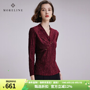 MORELINE沐蘭設(shè)計感斜門襟肌理感T恤女士2024秋裝新款減齡修身收腰V領(lǐng)體恤 棗紅 2XL 44